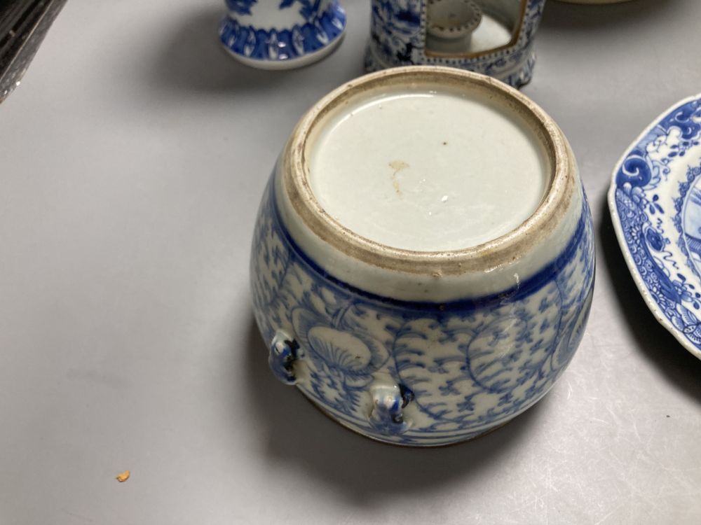A Chinese famille rose dessert dish, 27cm, assorted Chinese blue and white porcelain and a delft ware hanging candle lantern, 26cm